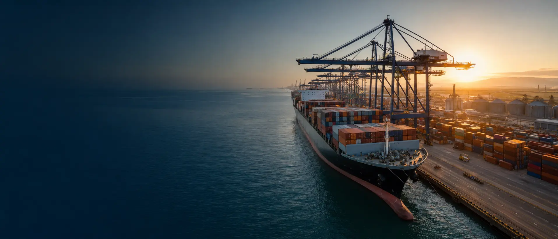 Terminal portuário com navio e contêineres
